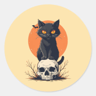 Pegatina Redonda Gato negro en Halloween