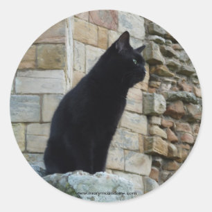 Pegatina Redonda "Gato negro en una pared de castillo" (2)