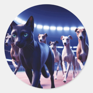 Pegatina Redonda Gato Negro Encabezado De Perros En Pista De Perros