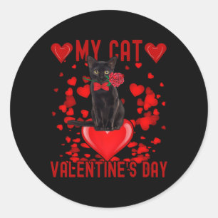 Pegatina Redonda Gato Negro Es Mi San Valentín Corazones Rojos Día 