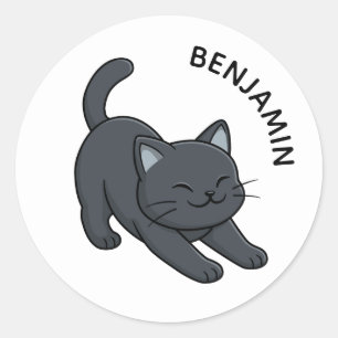 Pegatina Redonda Gato negro estirándose Nombre personalizado
