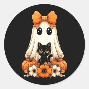 Pegatina Redonda Gato negro fantasmagórico de Halloween Groovy