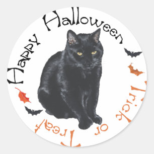 Pegatina Redonda Gato Negro Feliz Halloween