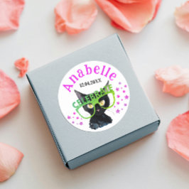 Pegatina Redonda Gato Negro Femenino Adorable Acuarela Rosa Verde B