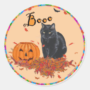 Pegatina Redonda Gato Negro Halloween BOO!
