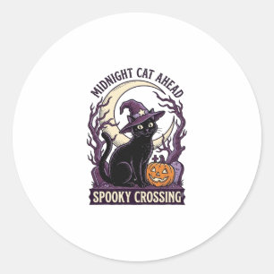 Pegatina Redonda Gato Negro Halloween Grabado Antiguo Gato de Calab