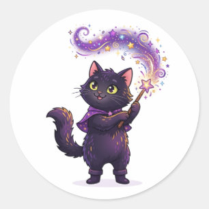 Pegatina Redonda Gato Negro Hechicero Mágico Brujo Halloween