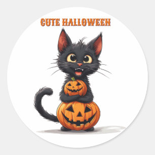 Pegatina Redonda Gato negro Kawaii abrazando calabaza Halloween 🎃