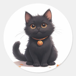 Pegatina Redonda Gato negro kawaii adorable Halloween magia 🎃