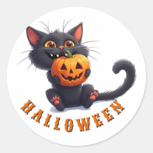 Pegatina Redonda Gato negro Kawaii con torre de calabaza Halloween