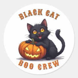 Pegatina Redonda Gato Negro Kawaii Sentado En Calabaza Halloween 🎃