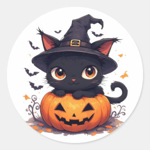 Pegatina Redonda Gato negro Kawaii sosteniendo calabaza Halloween �