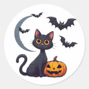 Pegatina Redonda Gato Negro Kawaii y Murciélagos Amigables Hallowee