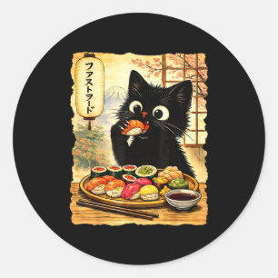 Pegatina Redonda Gato negro lindo comiendo sushi kawaii comida japo