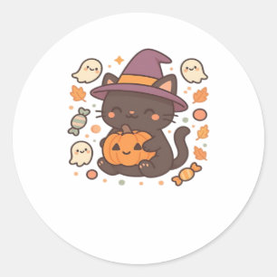 Pegatina Redonda Gato negro lindo con Gorra de bruja - Kawaii Hallo