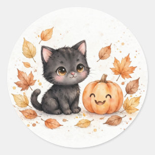 Pegatina Redonda Gato negro lindo con Halloween de calabaza