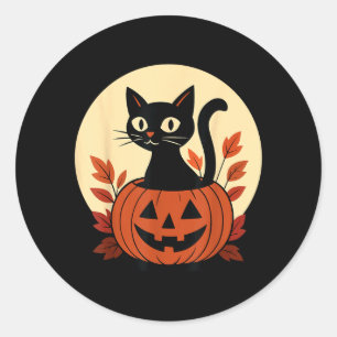 Pegatina Redonda Gato negro lindo de color y calabaza de Jack O Lan