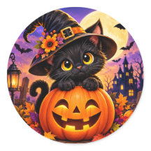 Gato negro lindo de Halloween con sombrero de bruj