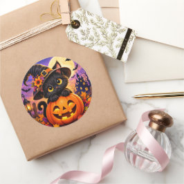 Pegatina Redonda Gato negro lindo de Halloween con sombrero de bruj
