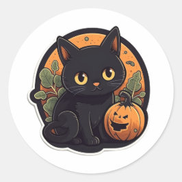 Pegatina Redonda Gato negro lindo de Halloween Jack-o'-Lantern