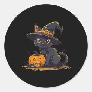 Pegatina Redonda Gato negro lindo de Halloween sombrero de bruja ca