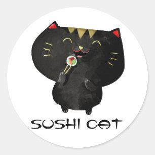 Pegatina Redonda Gato negro lindo del sushi de Kawaii