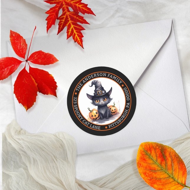 Pegatina Redonda Gato negro lindo | Dirección de retorno del círcul (Cute Black Cat in a Witches Hat Circle Return Address Envelope Seal Classic Round Sticker)