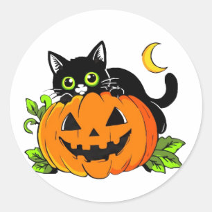 Pegatina Redonda Gato negro lindo en calabaza Jack-O'-Lantern de Ha