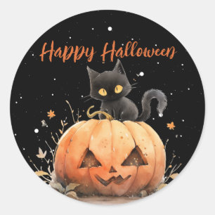Pegatina Redonda Gato negro lindo en Halloween de calabaza