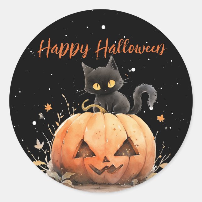 Pegatina Redonda Gato negro lindo en Halloween de calabaza (Anverso)