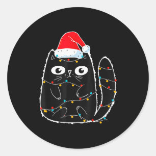 Pegatina Redonda Gato Negro Lindo Santa Luces de Navidad Meow Gatit