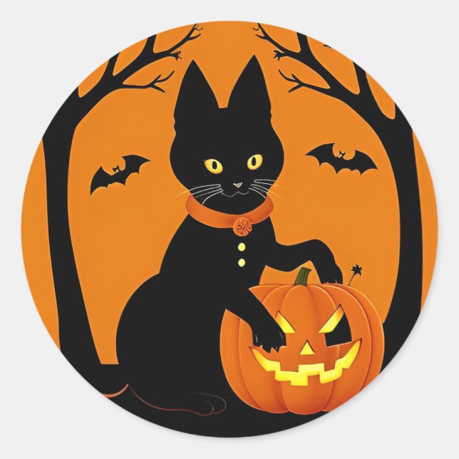 Pegatina Redonda Gato Negro Lindo Sombrero de Bruja de Calabaza Dec (Anverso)
