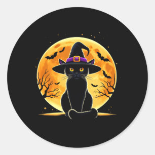 Pegatina Redonda Gato negro lindo sombrero de bruja de Halloween