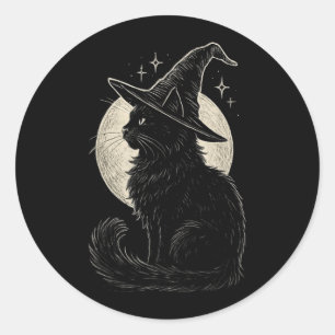 Pegatina Redonda Gato Negro Lindo Sombrero de Bruja Luna Retro Coqu