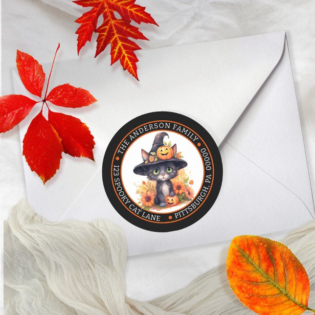 Pegatina Redonda Gato Negro Lindo | Sombrero de Brujas Dirección de (Witchy is the word with a cute cat in a witch hat orange floral design return address envelope seal.)