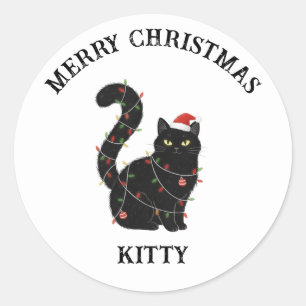 Pegatina Redonda Gato negro lindo Sticker de Navidad
