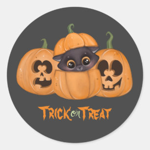 Pegatina Redonda Gato negro lindo Trick o tratar calabazas Hallowee