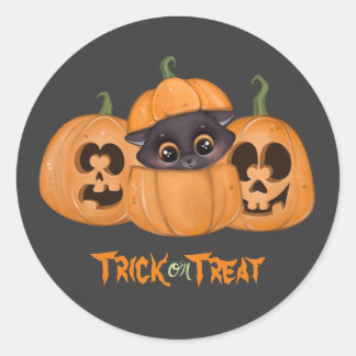 Pegatina Redonda Gato negro lindo Trick o tratar calabazas Hallowee