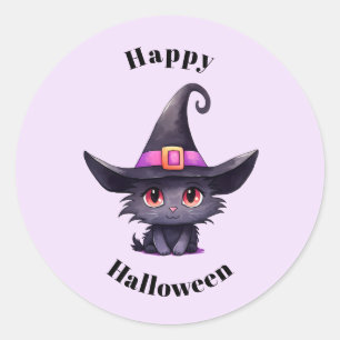 Pegatina Redonda Gato negro lindo vistiendo Halloween Gorra de una 