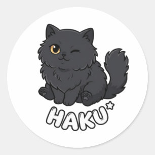 Pegatina Redonda Gato negro lindo y esponjoso guiñando Haku Kawaii