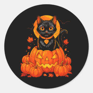 Pegatina Redonda Gato Negro Luna de Calabaza Halloween Otoño