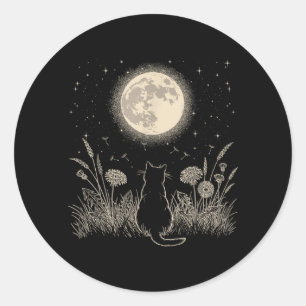 Pegatina Redonda Gato Negro Luna Floral Estético Hombres Mujeres Ga