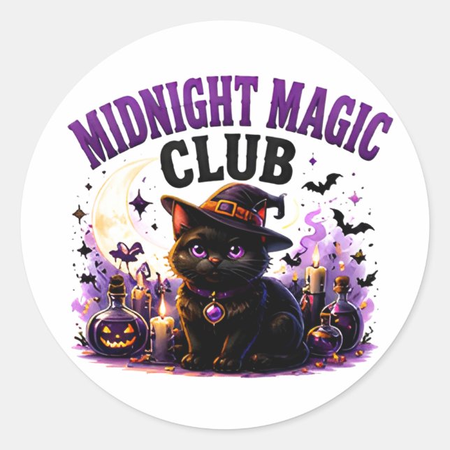 Pegatina Redonda 🐈‍⬛ Gato Negro Mágico de Halloween 🌙 (Anverso)
