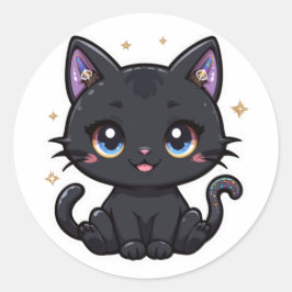 Pegatina Redonda Gato negro mágico Kawaii Galaxy Tail Witchy Kitty