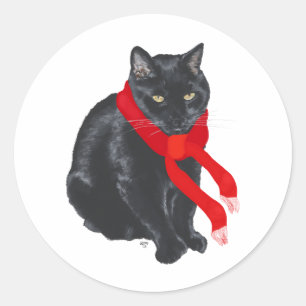 Pegatina Redonda Gato Negro Manteniéndose Caliente en Navidad
