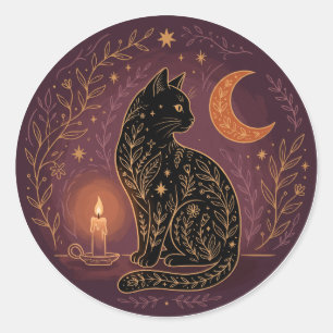 Pegatina Redonda Gato Negro Místico Celestial Bruja Halloween Goth