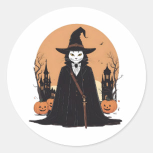 Pegatina Redonda Gato negro místico salem con calabazas