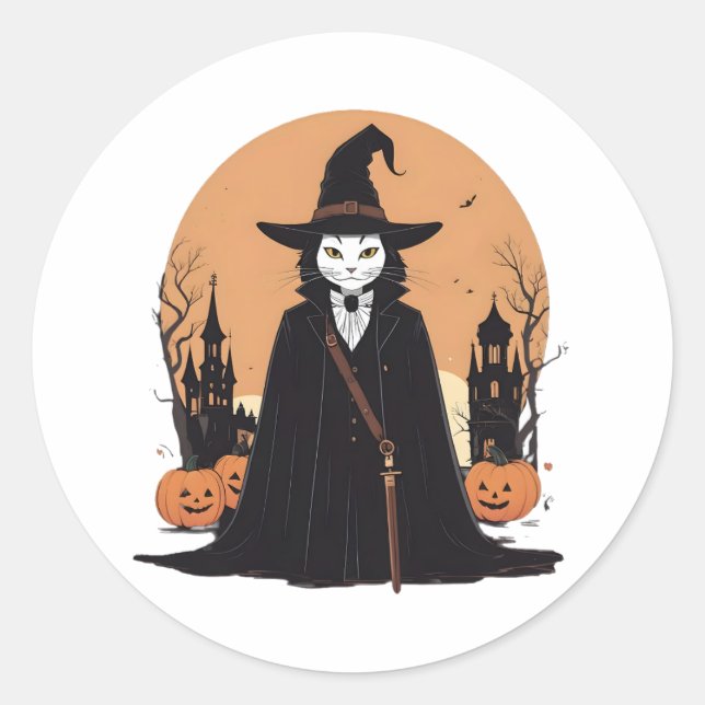 Pegatina Redonda Gato negro místico salem con calabazas (Anverso)