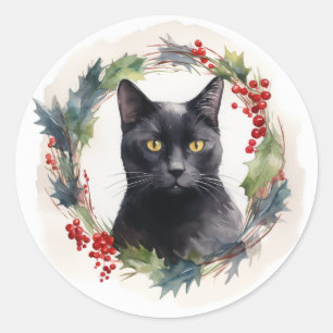 Pegatina Redonda Gato negro Navidades de gatito comieron gatito fes