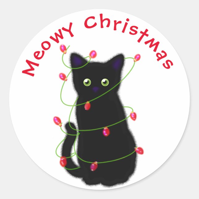 Pegatina Redonda Gato negro | Navidades Meowy | luces de trineo (Anverso)